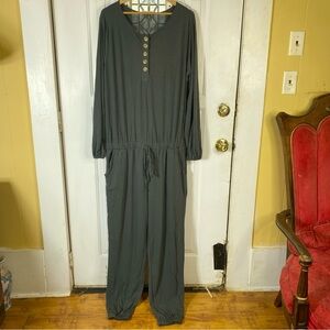 ZENANA Henley Gray Button Front Banded Waist Long Sleeve Knit Jumpsuit Size 2X